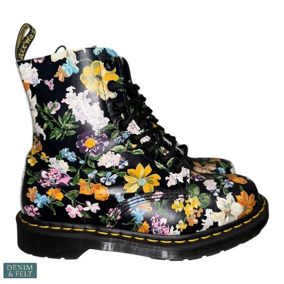NEW Dr Martens Pascal Floral 8 Eye Black Boots Women’s 7 Rare Print Flower Lace - Picture 10 of 14